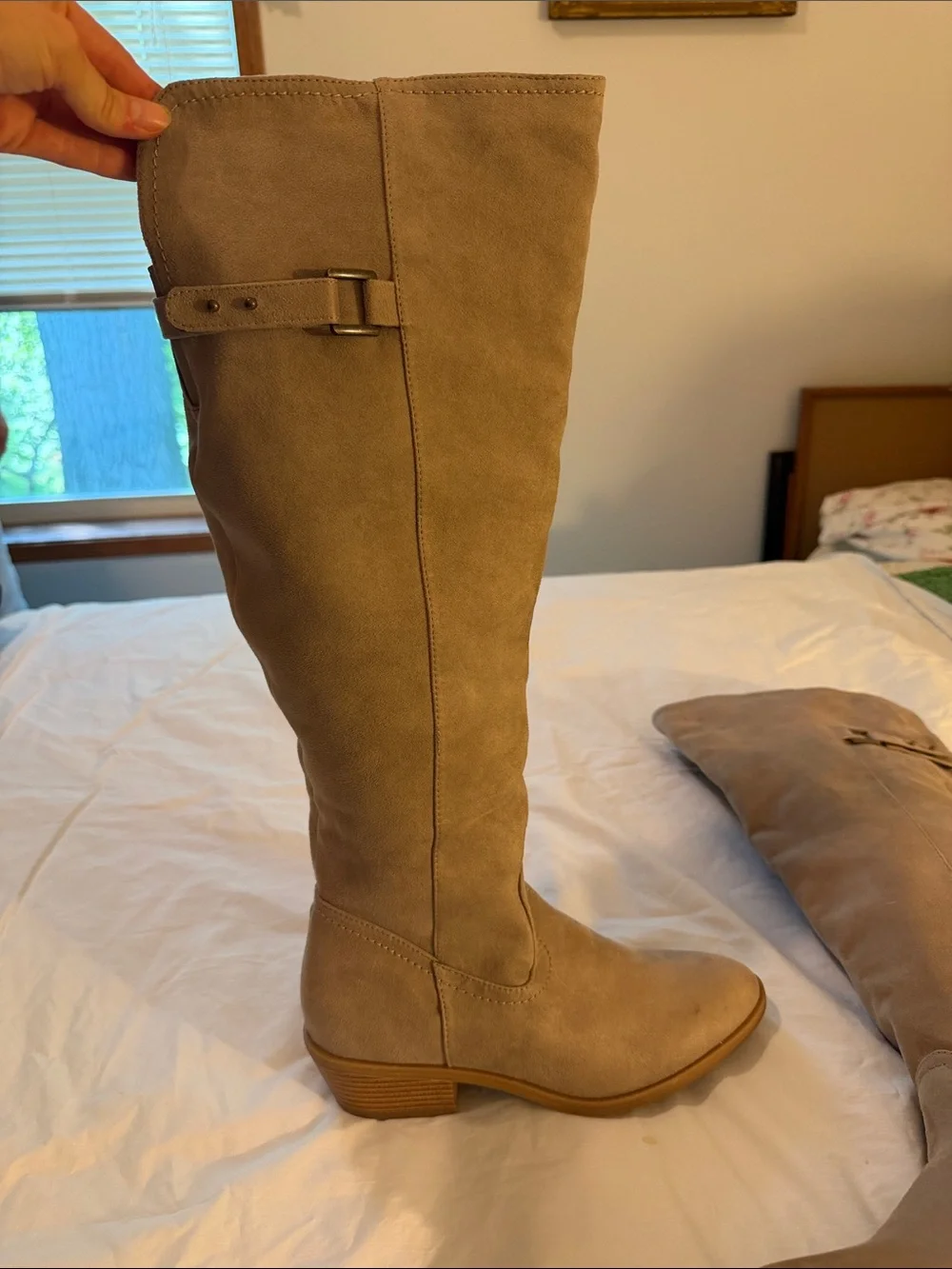 Women’s 8 Knee-High Suede Boots in Taupe with Low Block Heel